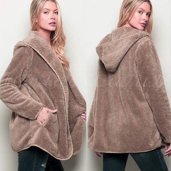 Soft Hooded Sherpa Fur Teddi Jacket - Tan - Picture 3 of 4